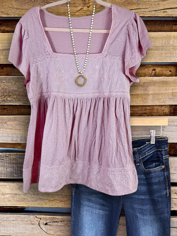 Women's top | Pastoral Embroidery Ruffle Sleeve Top |Website-shopcharmingrose