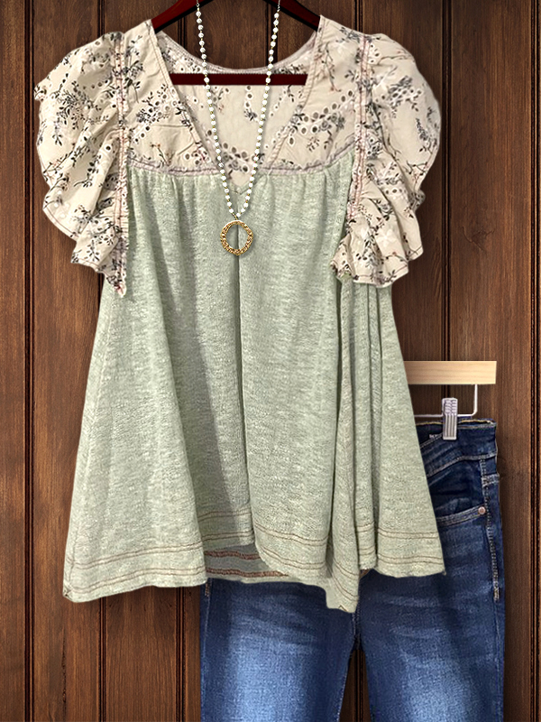 Women's top | Pastoral Floral Ruffle Sleeve Top |Website-shopcharmingrose