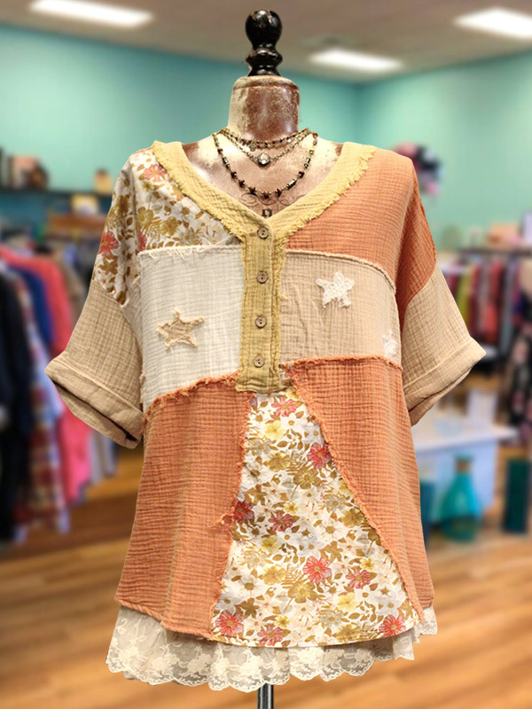 Women's top | Casual Pleated Cotton Linen Patchwork Top |Website-shopcharmingrose