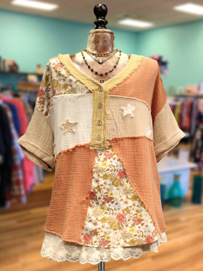 Casual Pleated Cotton Linen Patchwork Top
