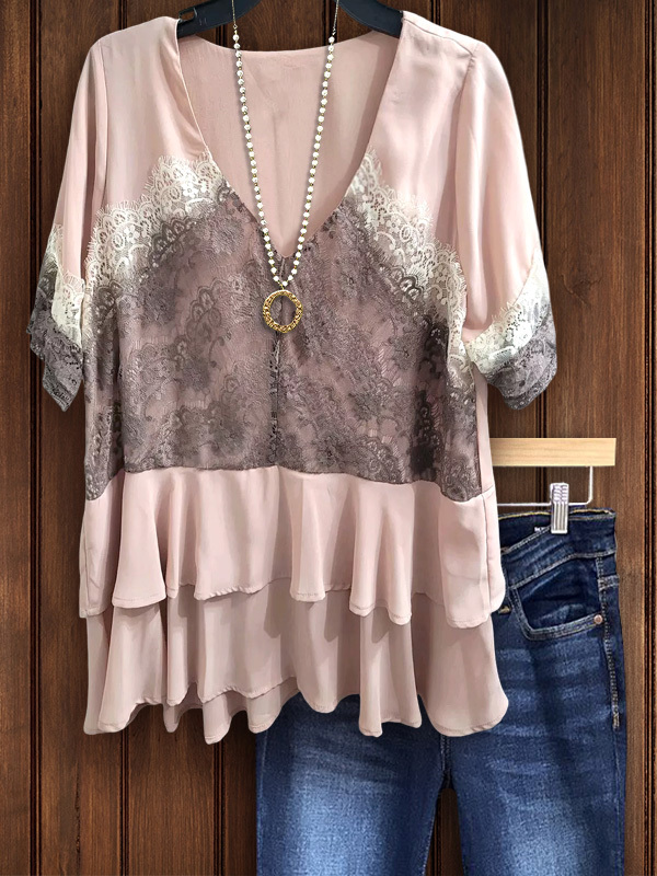 Women's top | Elegant Lace Patchwork Ruffle Top |Website-shopcharmingrose