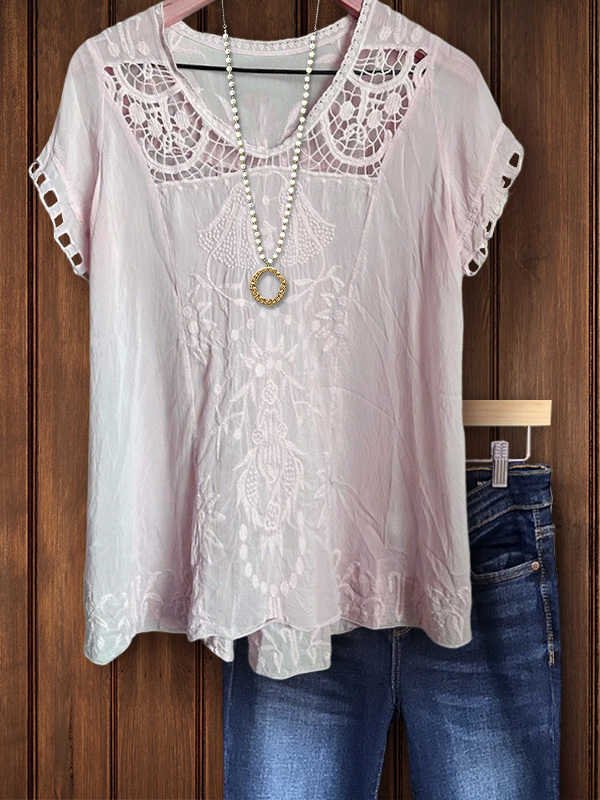 Women's top | Vintage Embroidered Hollow Patchwork Top |Website-shopcharmingrose