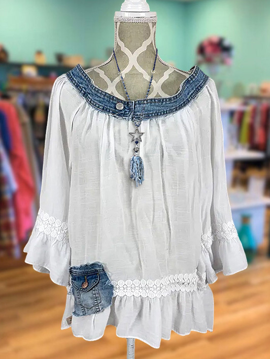 Women's top | Casual Cotton Linen Denim Patchwork Top |Website-shopcharmingrose