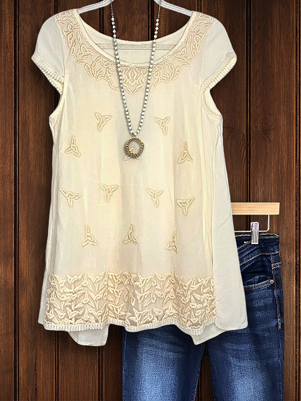 Women's top | Elegant Floral Embroidered Short-Sleeved Top |Website-shopcharmingrose