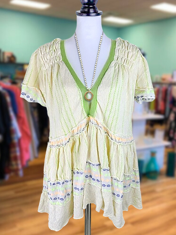 Women's top | Pastoral Floral Stripe Patchwork Ruffle Top |Website-shopcharmingrose