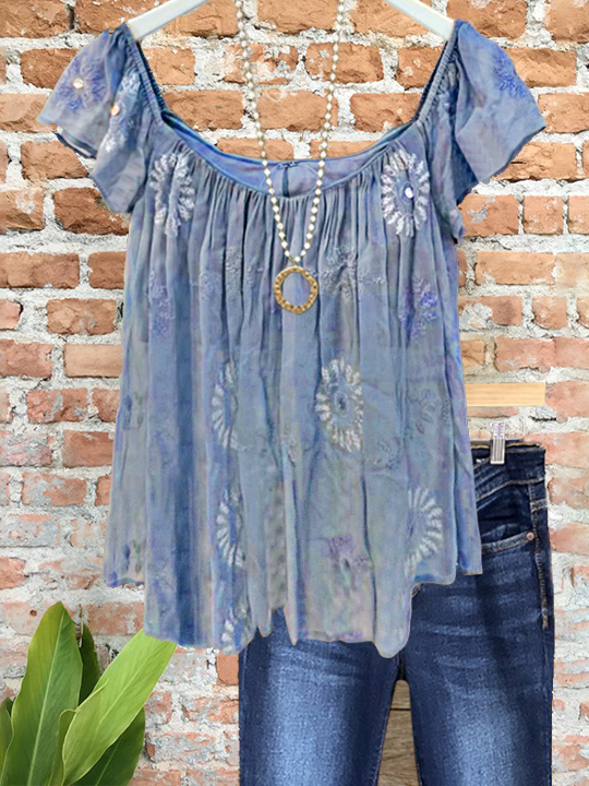 Elegant Embroidered Floral Pleated Top