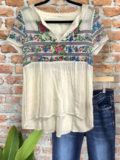 Casual Vintage Cotton Linen Floral Webbing Top