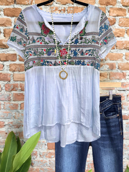 Casual Vintage Cotton Linen Floral Webbing Top