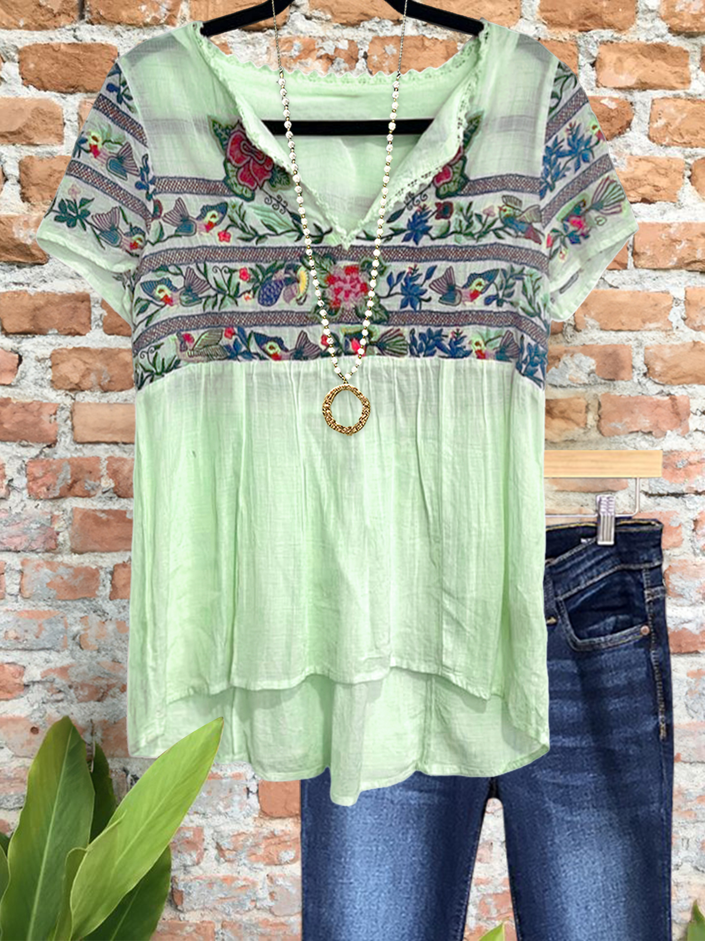 Casual Vintage Cotton Linen Floral Webbing Top
