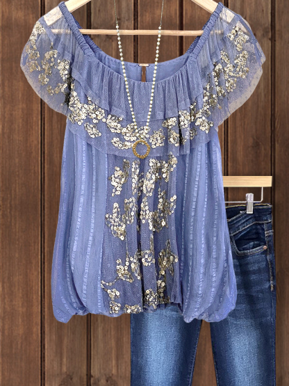 Elegant Sequin Elastic Crew Neck Top