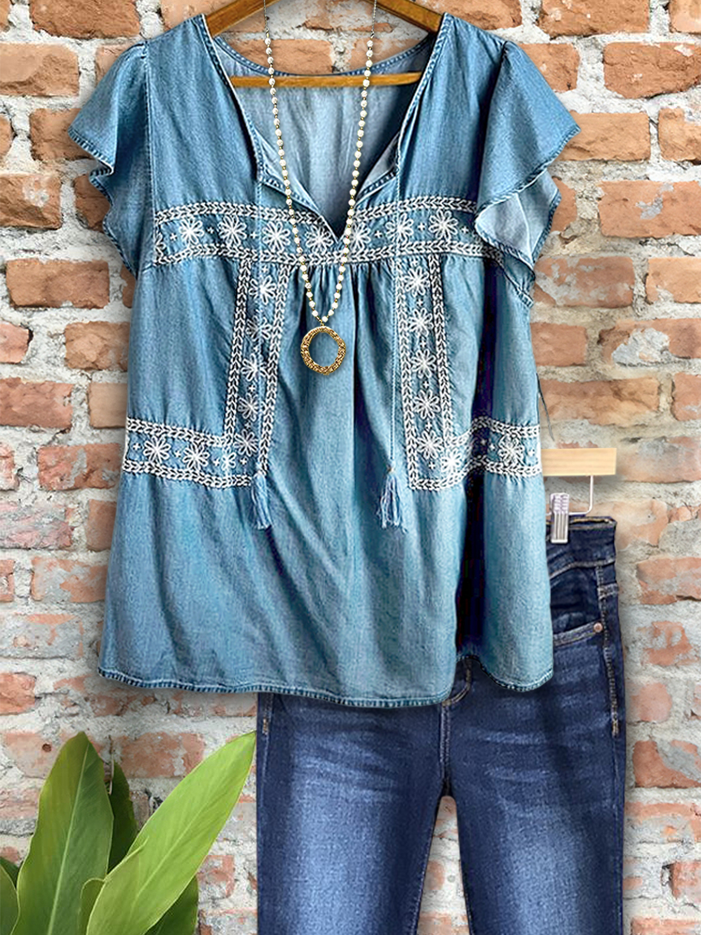 Vintage Denim Embroidered Ruffle Sleeve Top