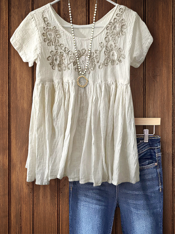 Casual Cotton Linen Embroidered Babydoll Top