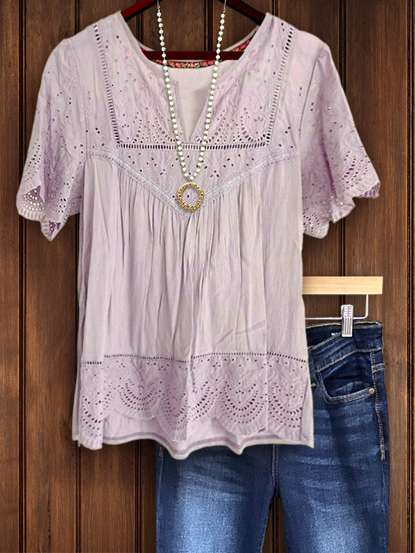 Women's top | Vintage Jacquard Patchwork Short Sleeve Top |Website-shopcharmingrose