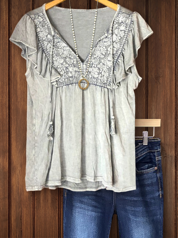 Women's top | Vintage Embroidered Floral Ruffle Sleeve Top |Website-shopcharmingrose