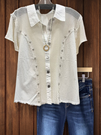 Casual Cotton Studded Mesh Patchwork Top