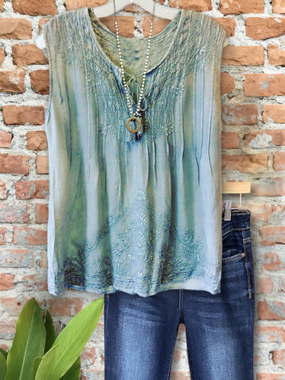 Casual Vintage Embroidered Crew Neck Top