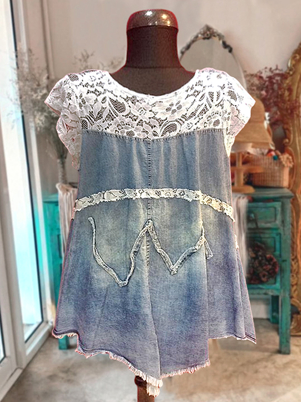 Women's top | Vintage Denim Lace Patchwork Top |Website-shopcharmingrose