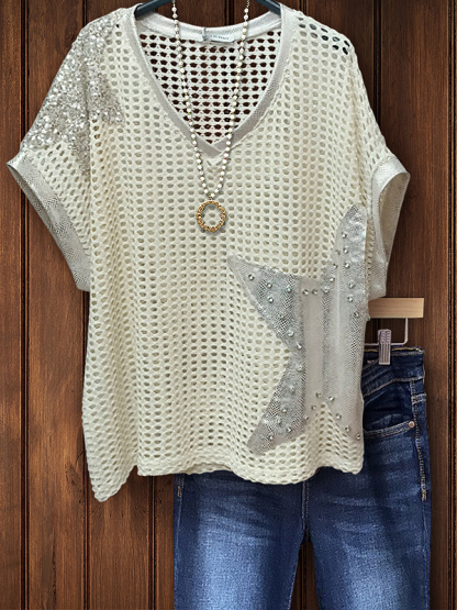 Casual Holiday Mesh Shiny Star Top