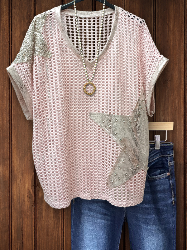 Casual Holiday Mesh Shiny Star Top