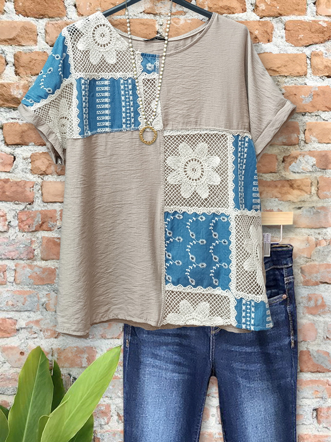 Casual Textured Crochet Patchwork Top