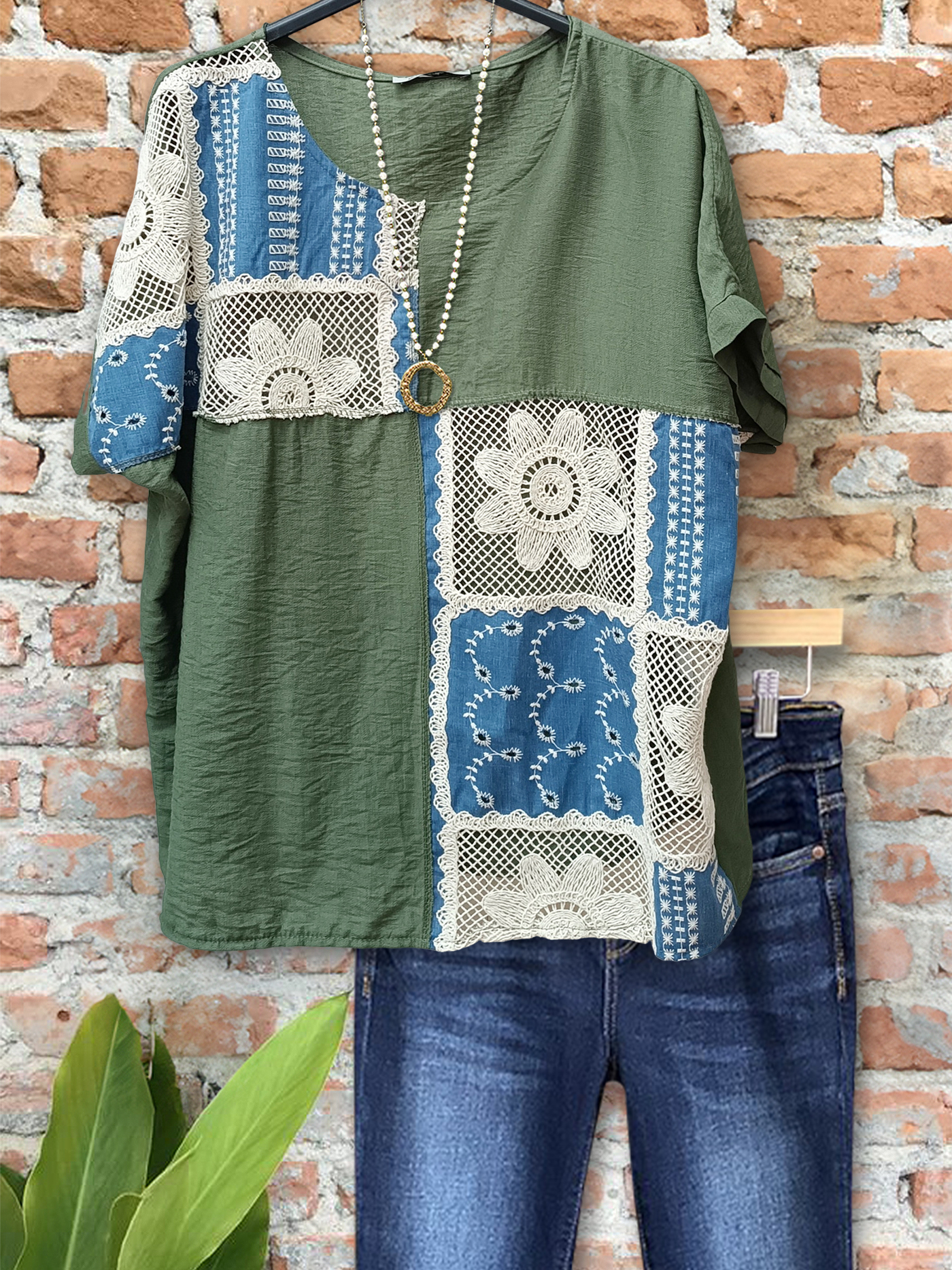 Casual Textured Crochet Patchwork Top