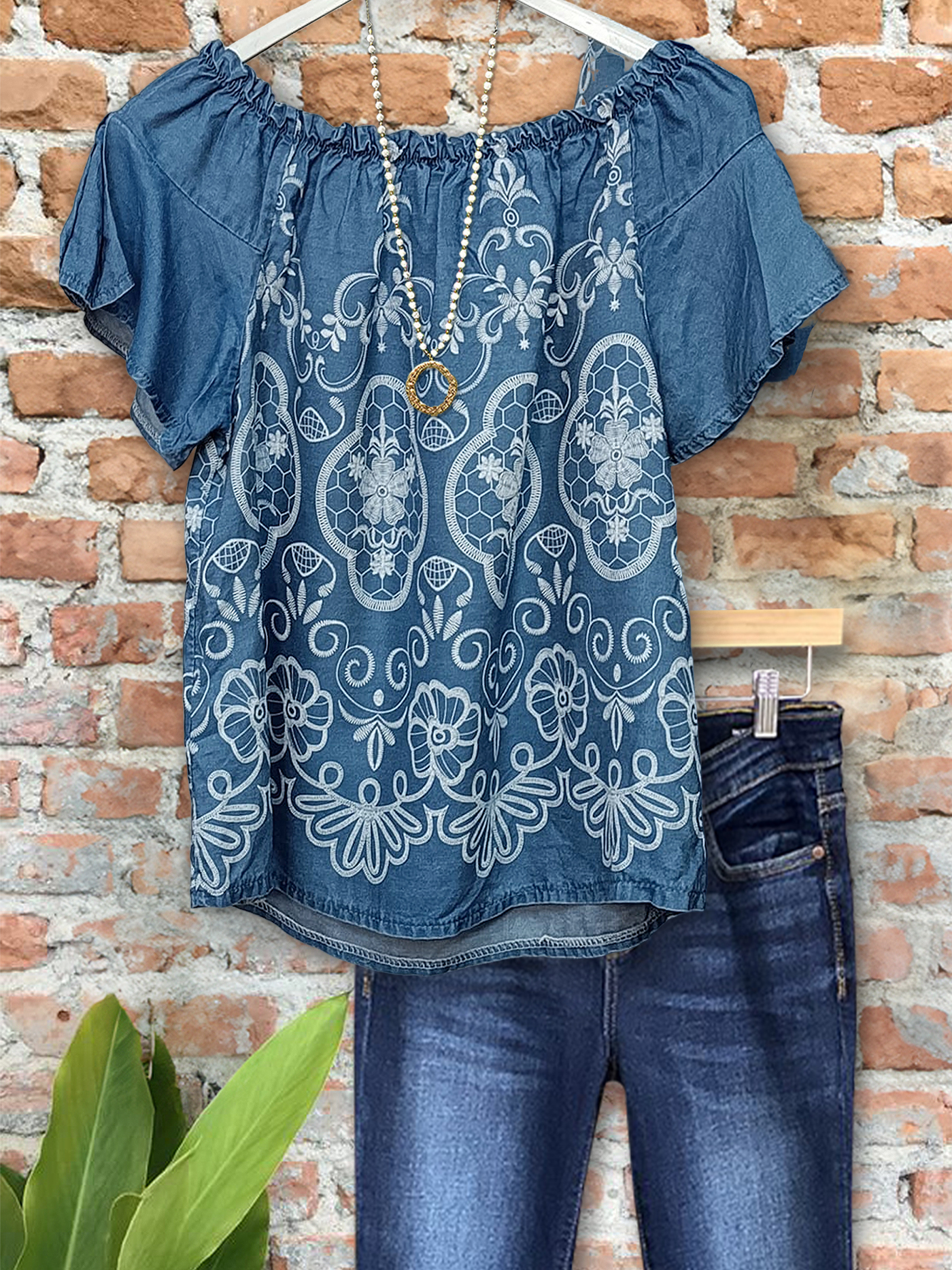 Women's top | Vintage Denim Print Elastic Crew Neck Top |Website-shopcharmingrose