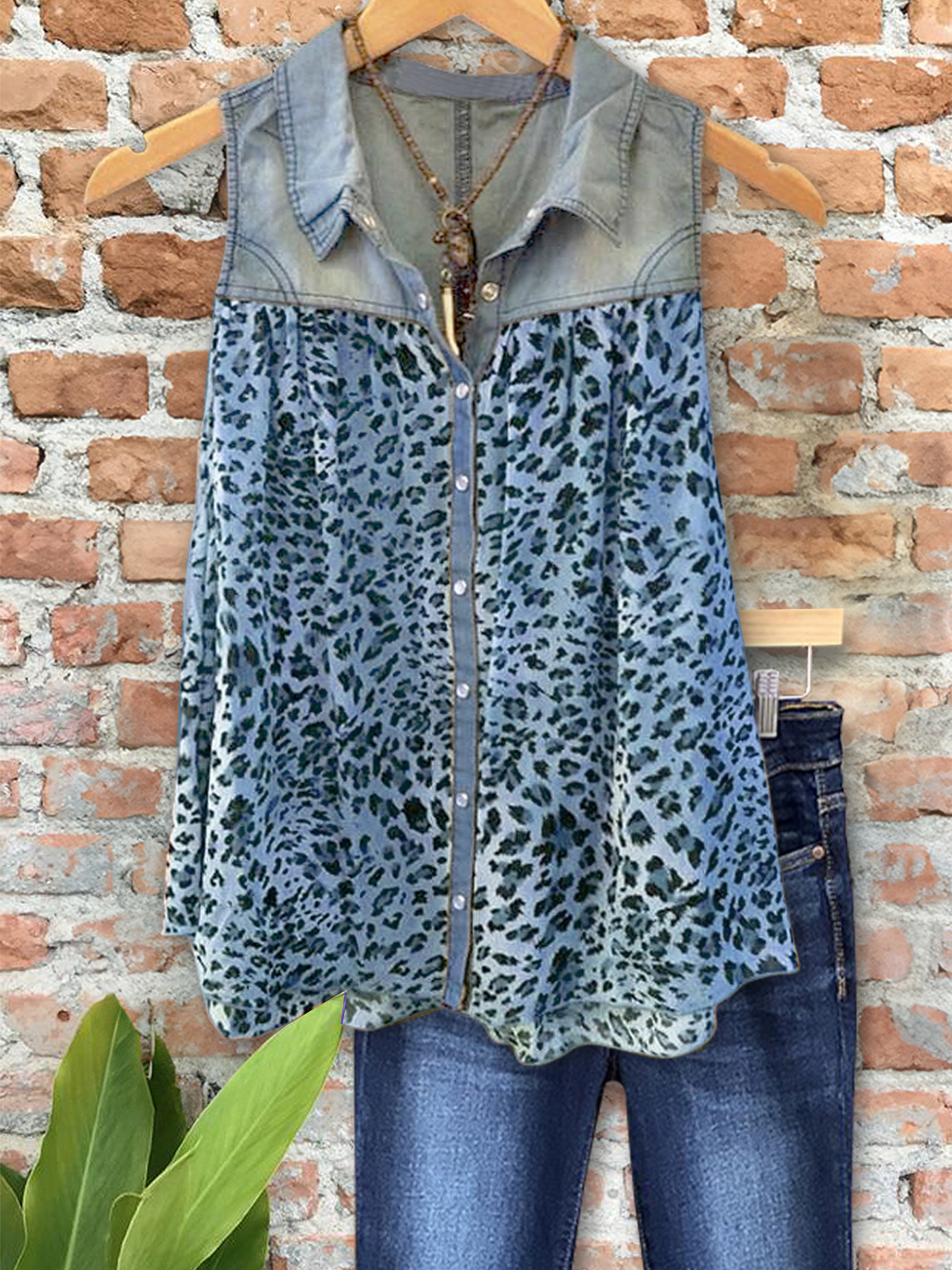 Vintage Denim Leopard Patchwork Vest
