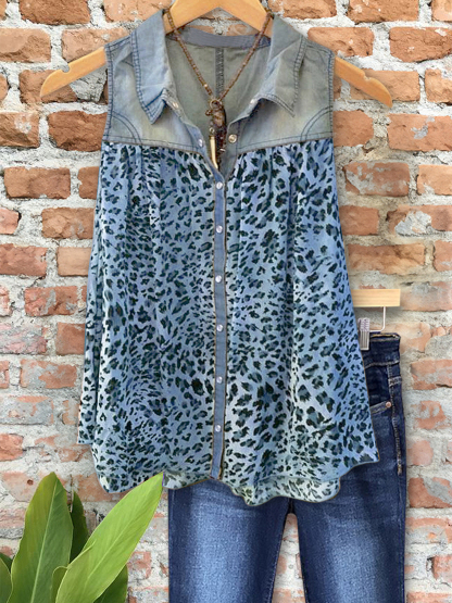 Vintage Denim Leopard Patchwork Vest