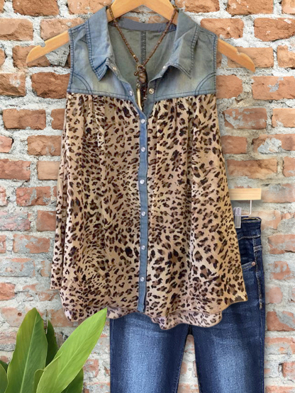 Vintage Denim Leopard Patchwork Vest