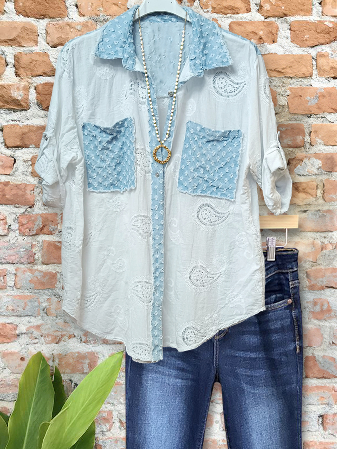 Women's top | Casual Texture Patchwork Lapel Shirt |Website-shopcharmingrose