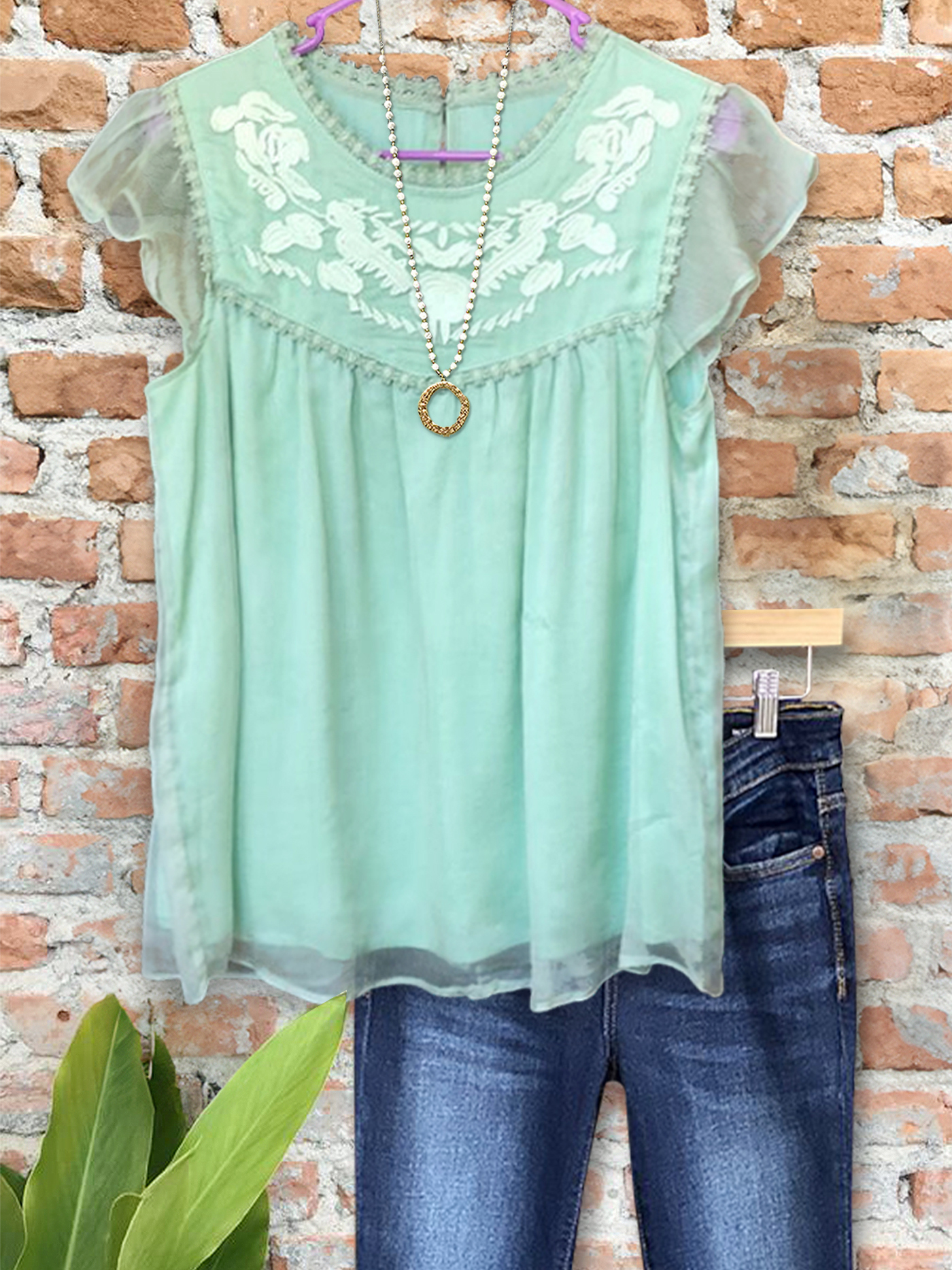 Women's top | Elegant Embroidered Floral Top With Ruffle Sleeves |Website-shopcharmingrose