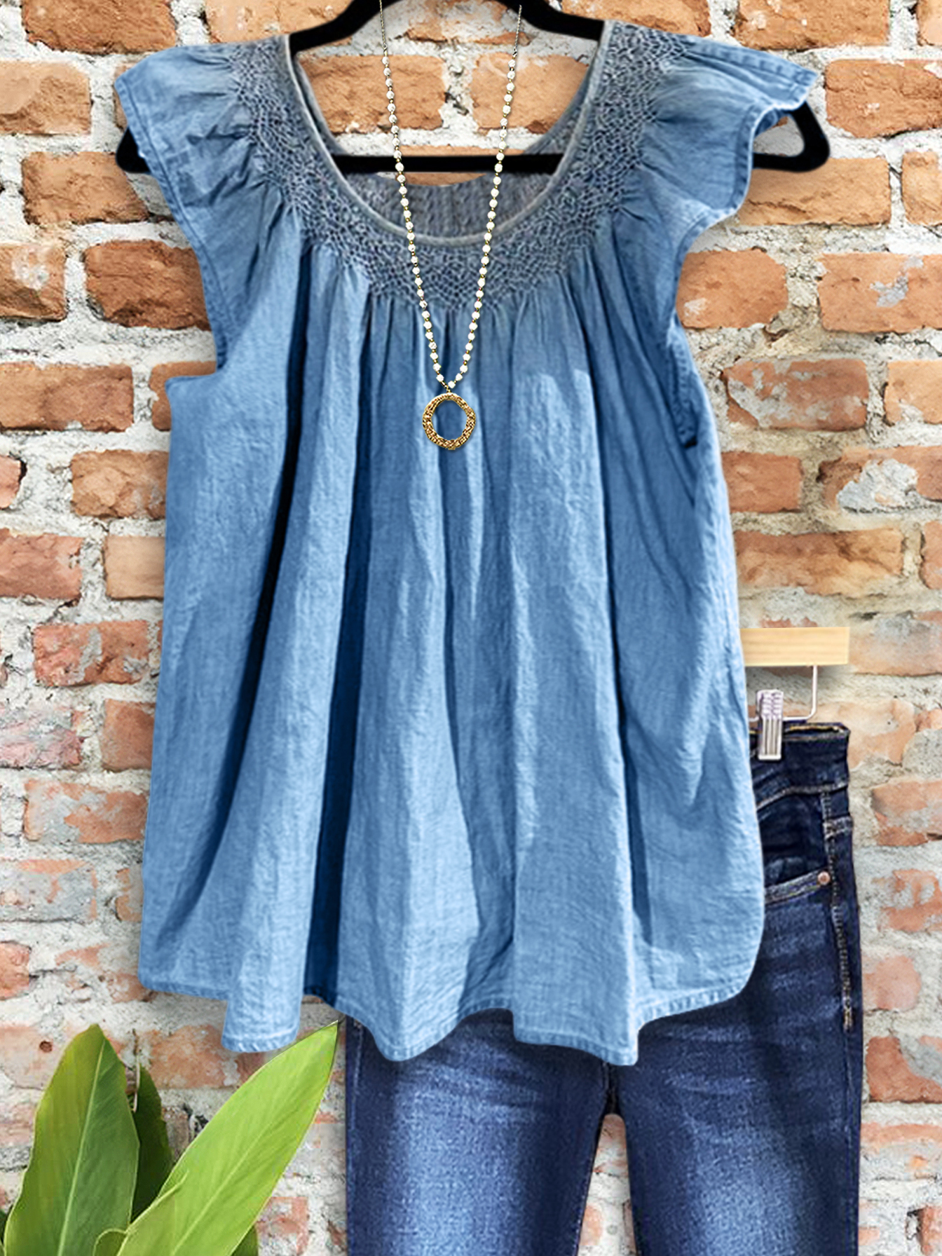 Women's top | Casual Denim Gathered Ruffle Sleeve Top |Website-shopcharmingrose