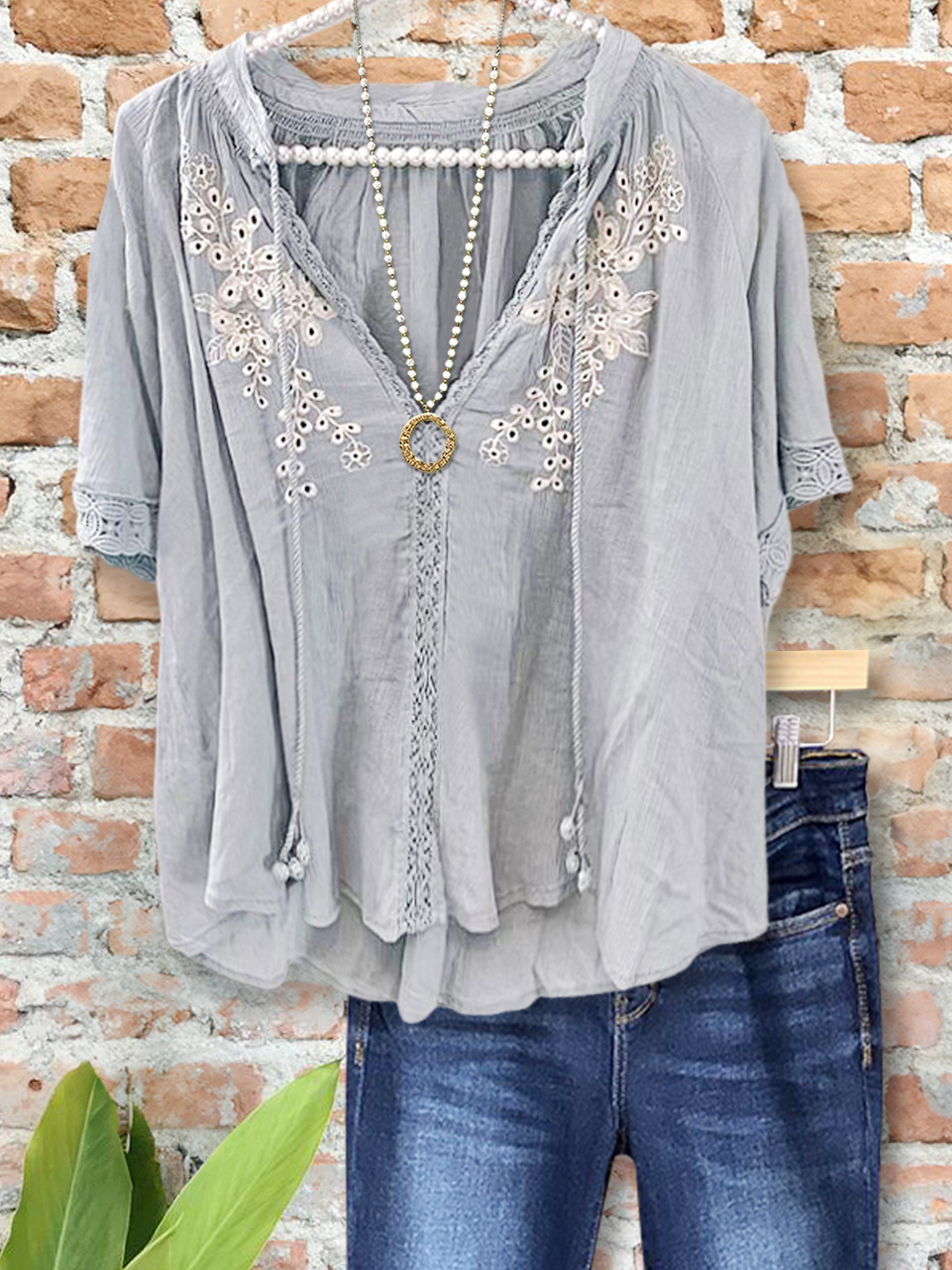 Women's top | Gentle Embroidered V-Neck Top |Website-shopcharmingrose
