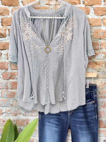 Gentle Embroidered V-Neck Top