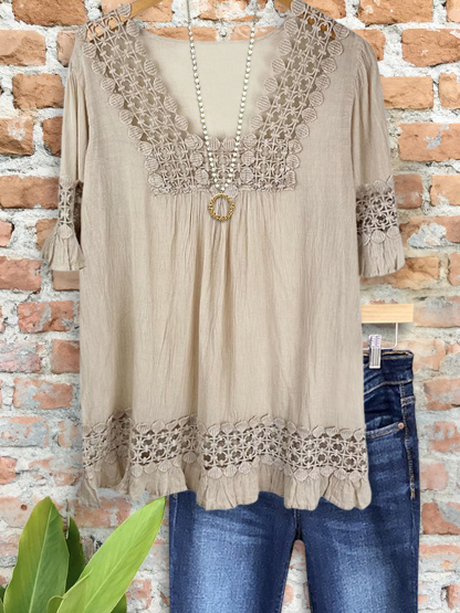 Retro Casual Textured Lace Patchwork Top