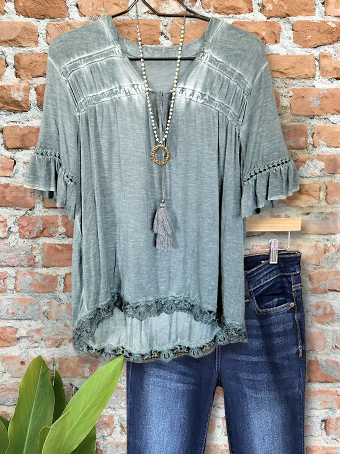 Women's top | Casual Retro Lace Ruffle Sleeve Top |Website-shopcharmingrose