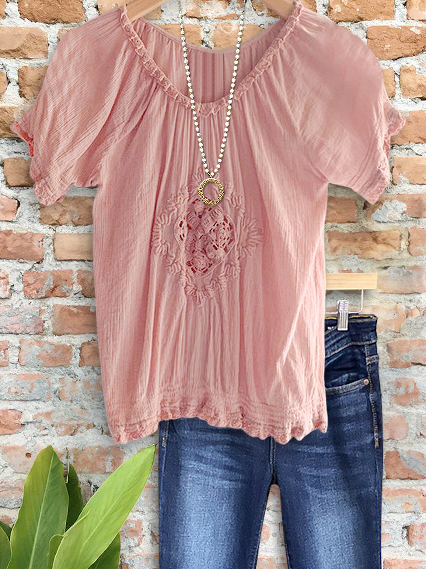 Women's top | Vintage Embroidered Crochet V-Neck Top |Website-shopcharmingrose