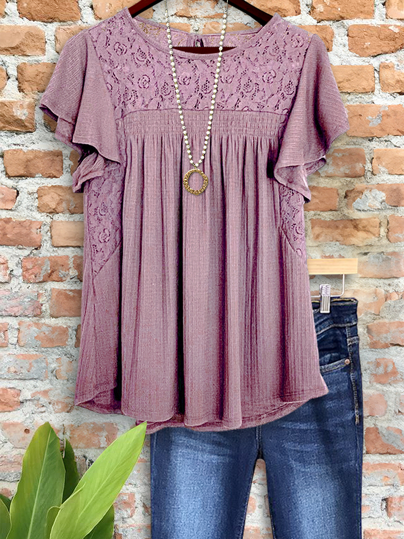 Women's top | Elegant Textured Lace Ruffle Sleeve Top |Website-shopcharmingrose