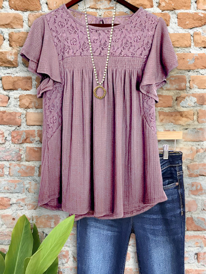 Elegant Textured Lace Ruffle Sleeve Top