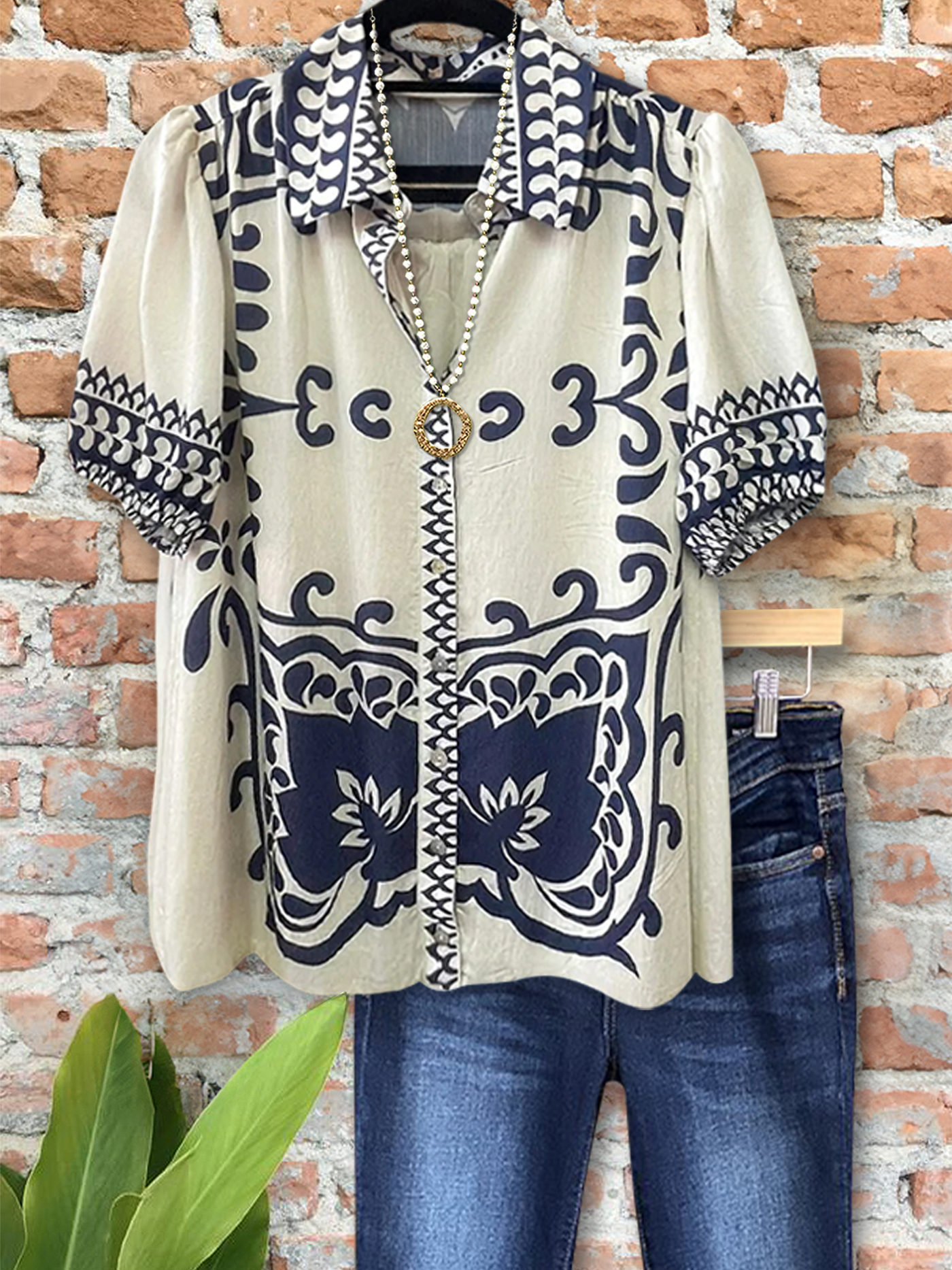 Women's top | Vintage Print Puff Sleeve Shirt |Website-shopcharmingrose
