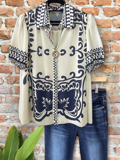 Vintage Print Puff Sleeve Shirt