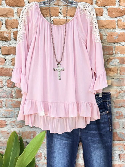 Gentle Lace Patchwork Ruffle Sleeve Top