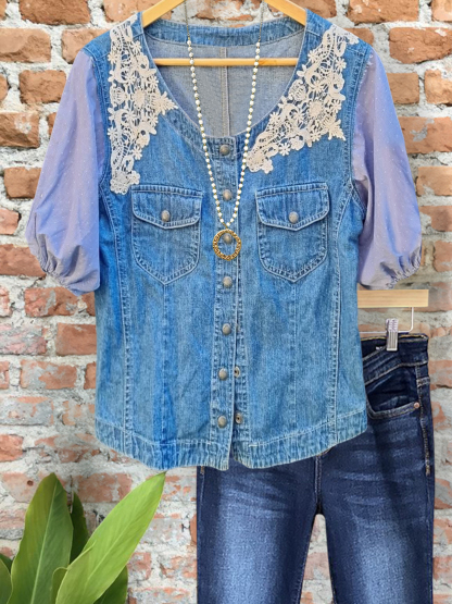 Vintage Denim Lace Patchwork Top