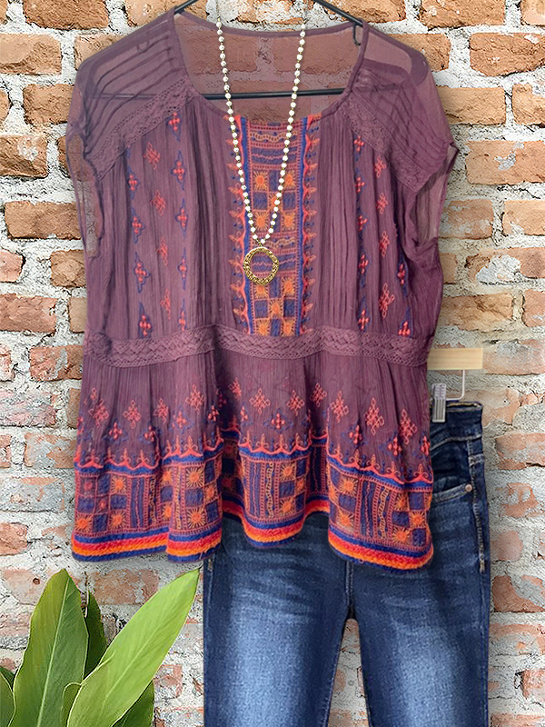 Vintage Flowy Textured Lace Patchwork Top