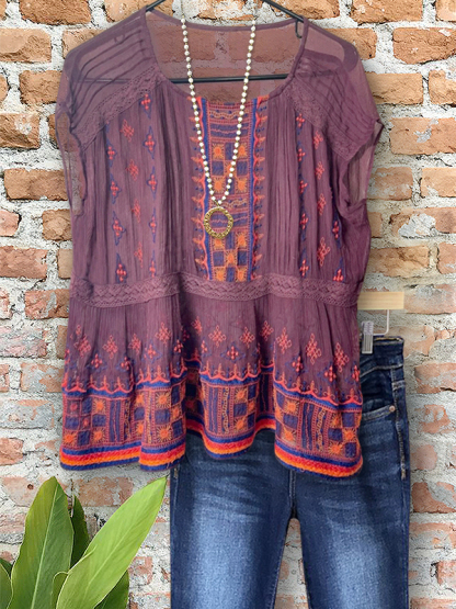 Vintage Flowy Textured Lace Patchwork Top