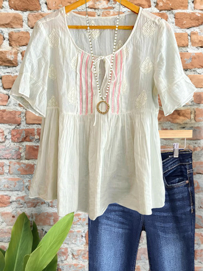 Gentle Embroidered Textured Ruffle Sleeve Top