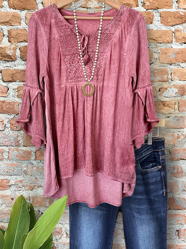Retro Elegant Textured Ruffle Sleeve Top