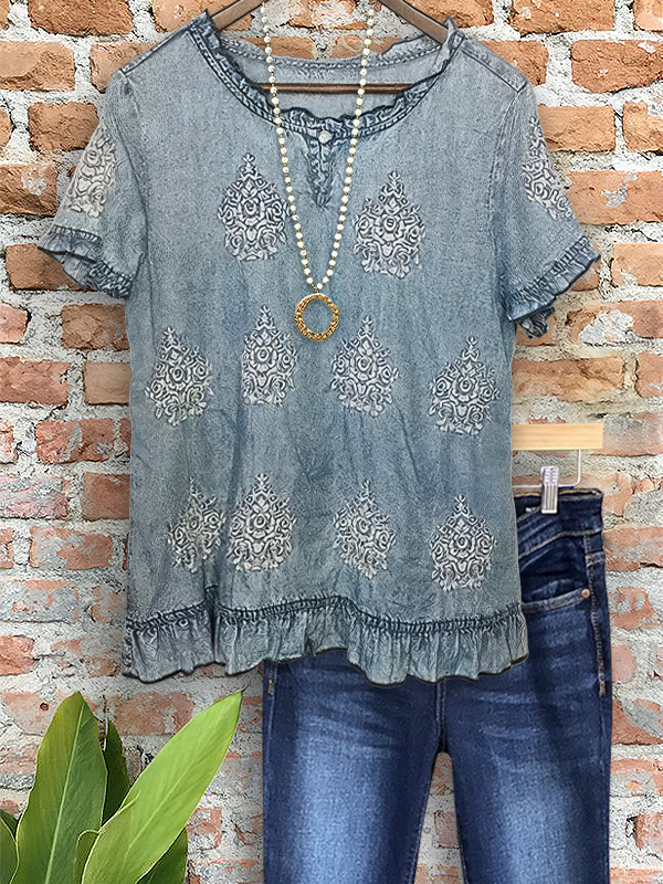 Vintage Denim Style Printed Ruffle Top