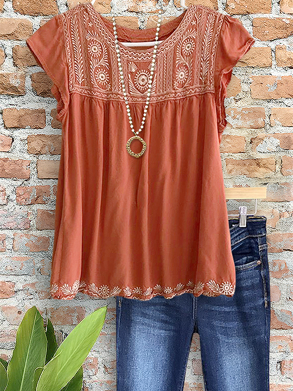 Elegant Draped Embroidered Ruffle Sleeve Top
