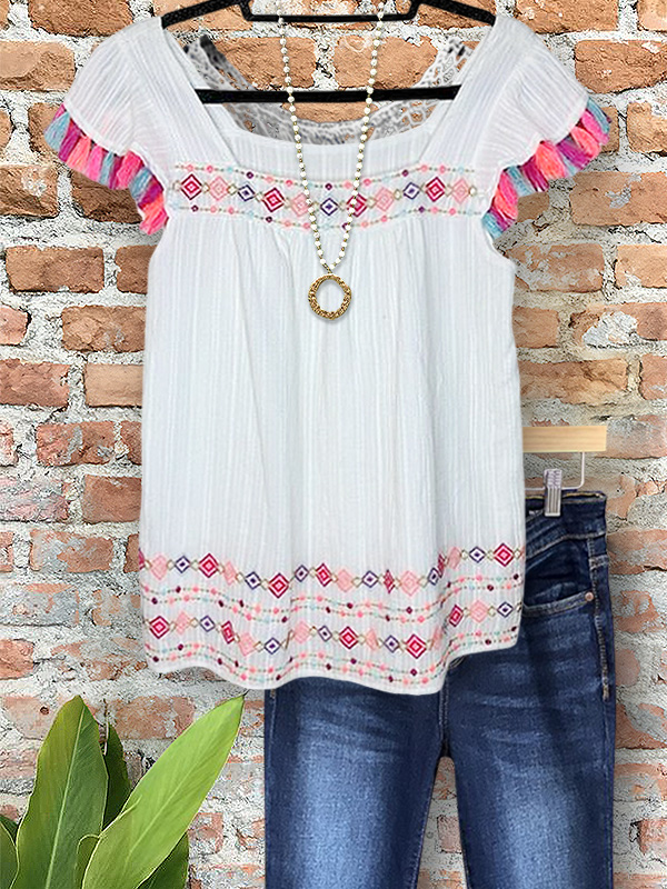 Ethnic Print Colorful Fringe Top